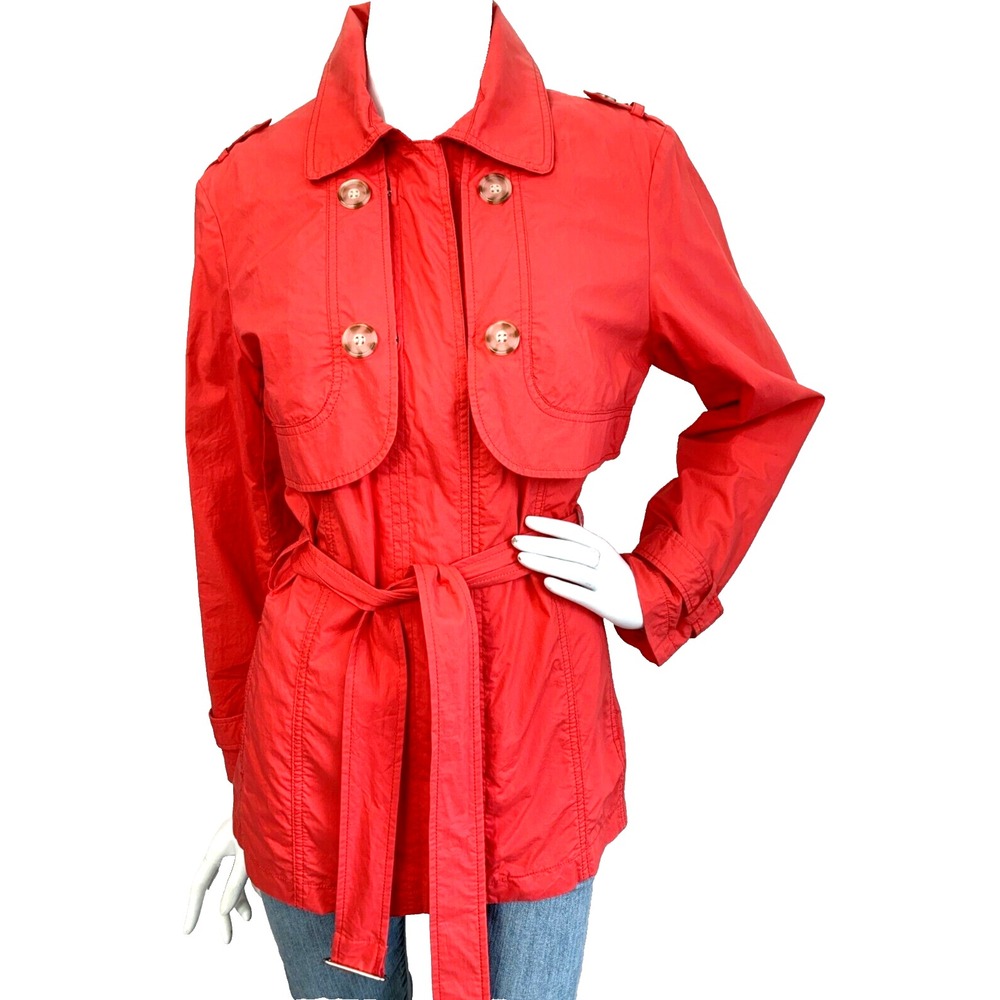 CHICOS Coral Orange Trench Coat Jacket Size 2 Large 12 Cotton Double Breasted